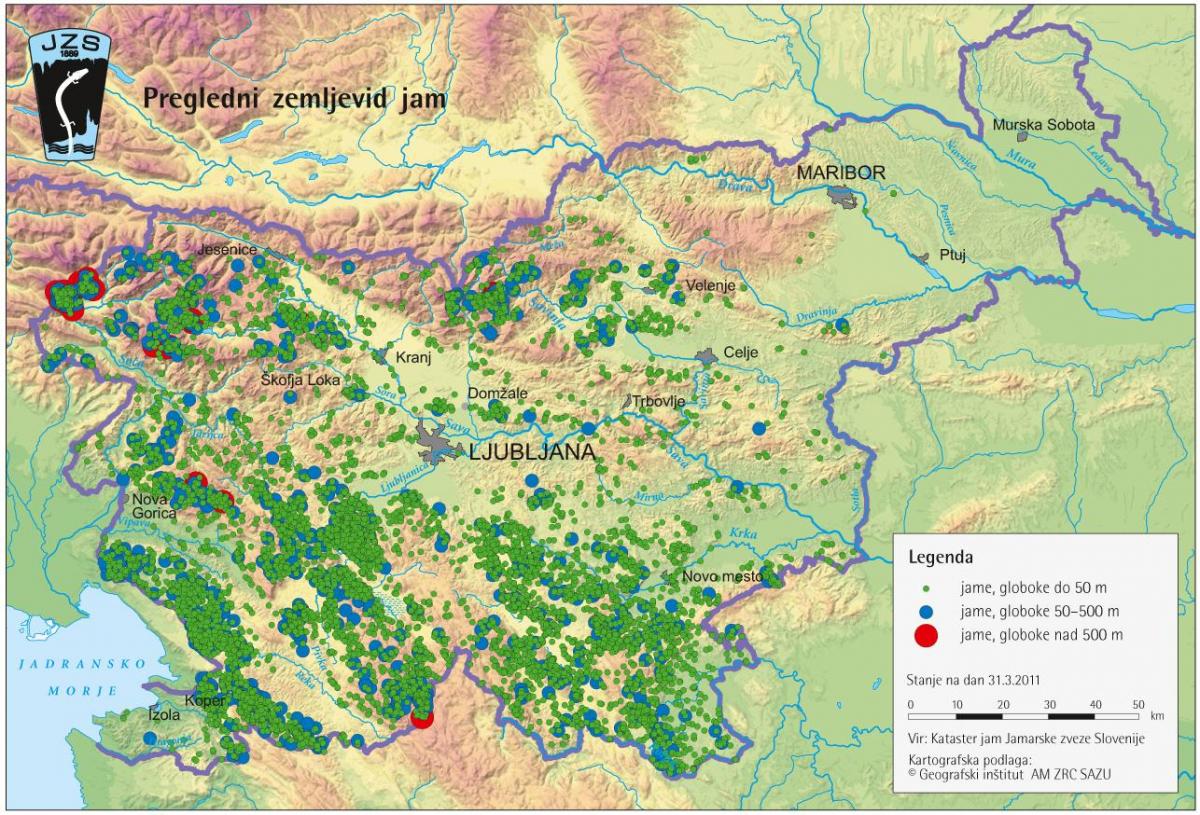 Kaart van grotten in Slovenië