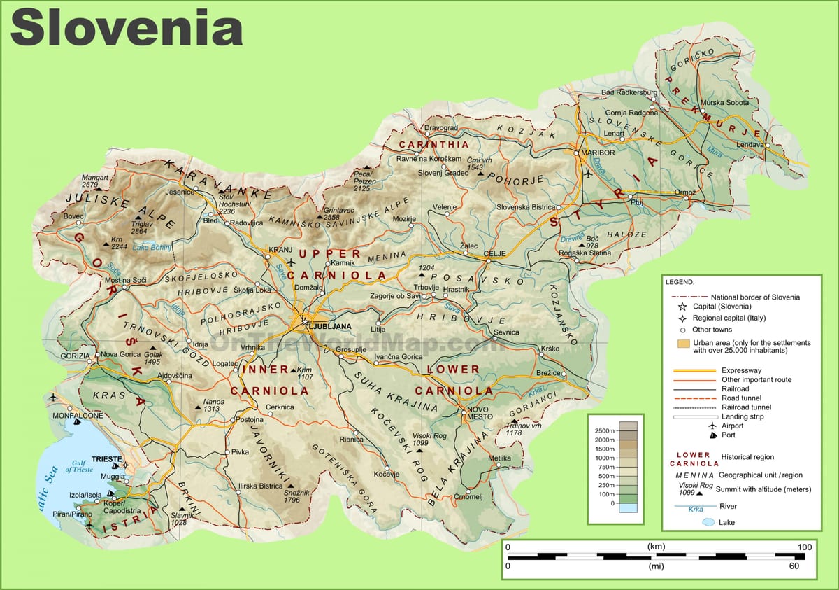 Kaart van Slovenië fysieke