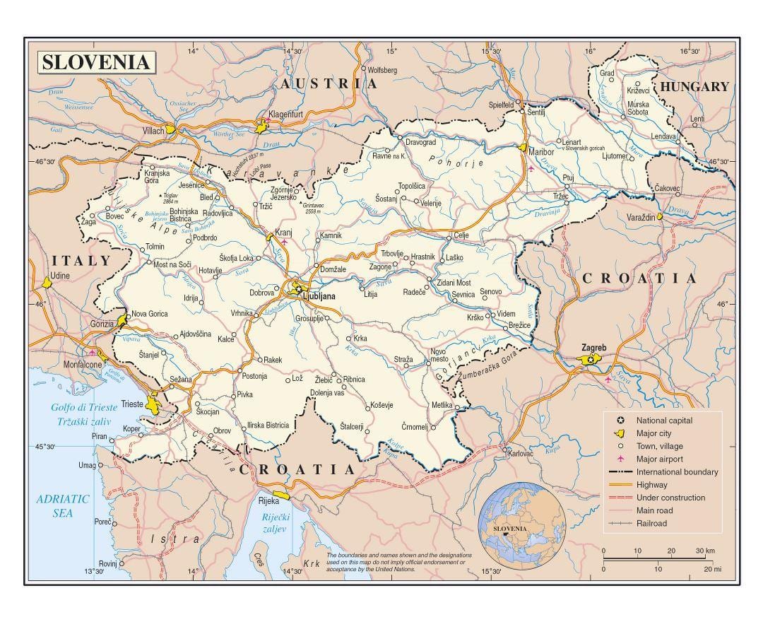 Kaart van Slovenië luchthavens