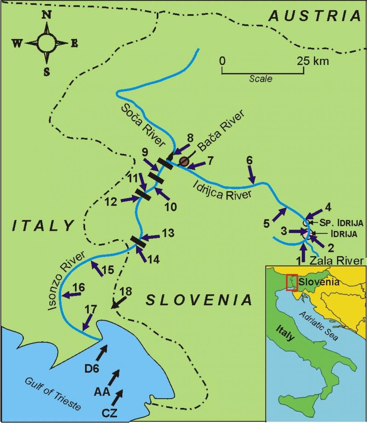 Kaart van de soca rivier in Slovenië